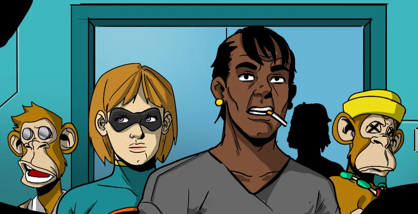 The crew — minted characters cast into the comic